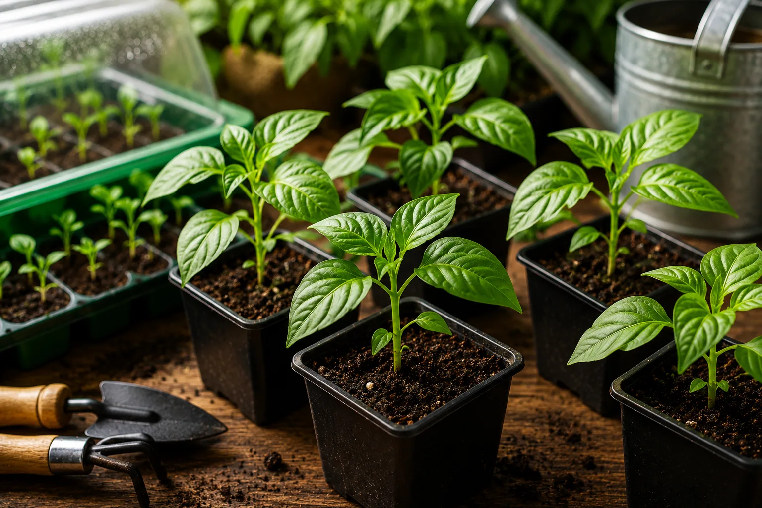 Young chili pepper plants growing in pots indoors before transplanting into larger containers or outdoors.
