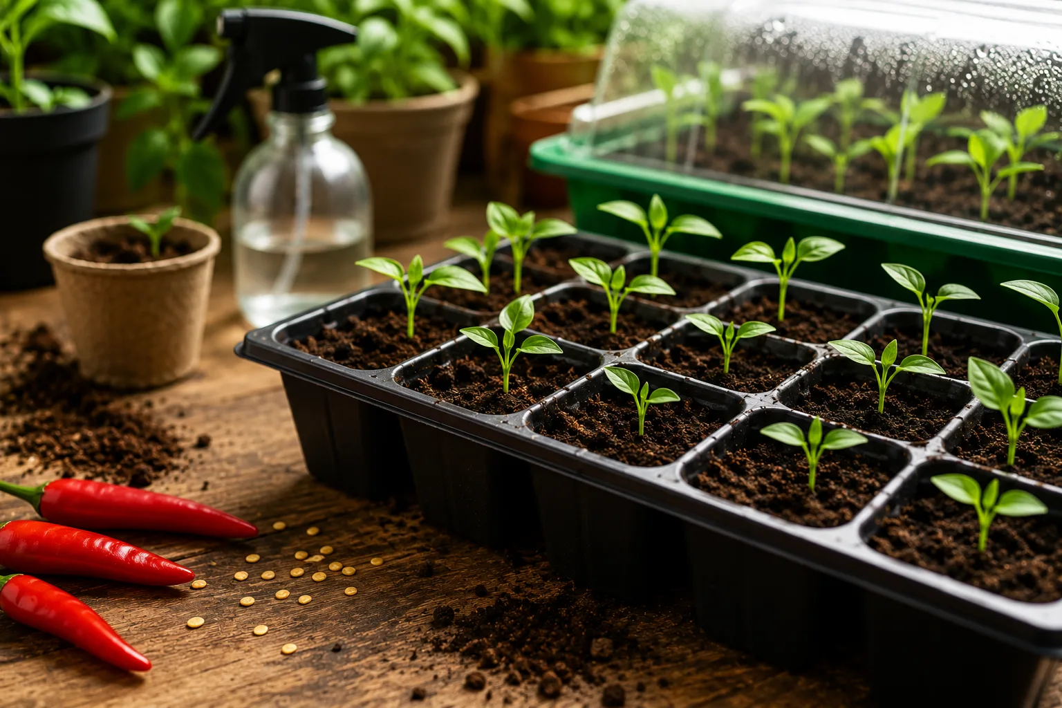 Young chilli pepper plants in seed trays