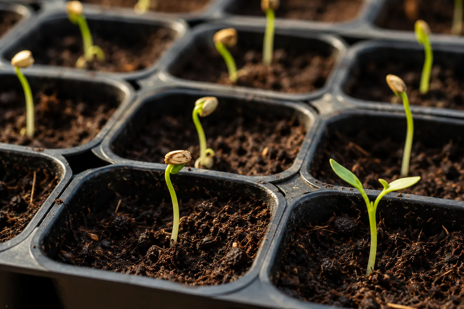 Jeunes graines de piments en cours de germination dans des godets de semis.