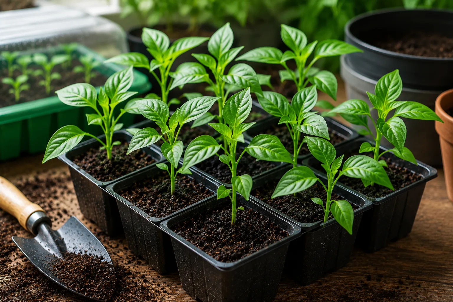 Healthy young chili pepper plants growing in small pots indoors, ready for transplanting into larger containers or outdoors.